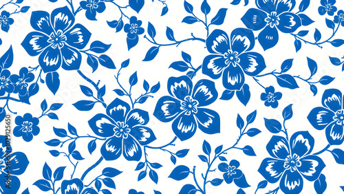 Repeating blue floral pattern with intricate leaf designs, Generative AI