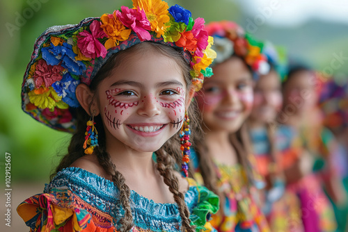 Children participating in a Dia de Muertos parade, wearing traditional clothing.