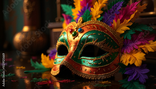 Vibrant Mardi Gras mask with intricate feathers and sequins, illuminated by soft golden light