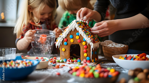 A family building a gingerbread house together with bowls of candy and icing scattered across the kitchen table. photo