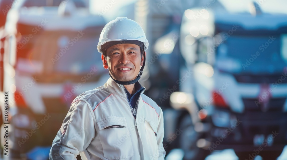 Smiling construction worker wearing a white hard hat and uniform Smiling construction worker wearing a white hard hat and uniform