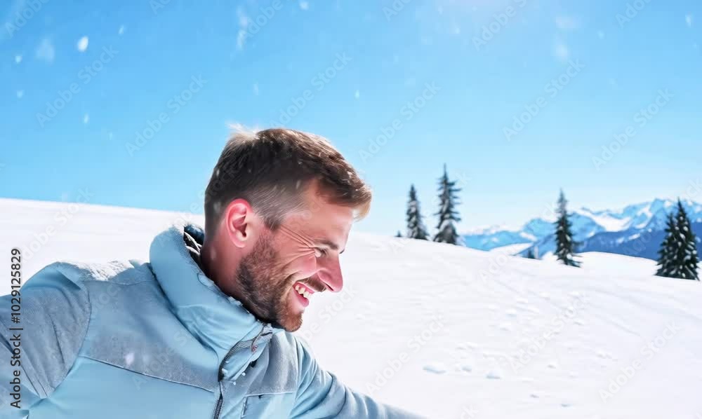 Swiss Man Laughing While Sliding Down a Snowy Hill Swiss Man Laughing While Sliding Down a Snowy Hill