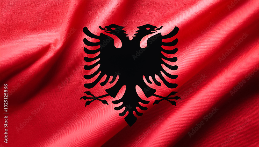 Albania Flag waving in the wind. Close up of Albania banner blowing, soft and smooth silk. Cloth fabric texture ensign background