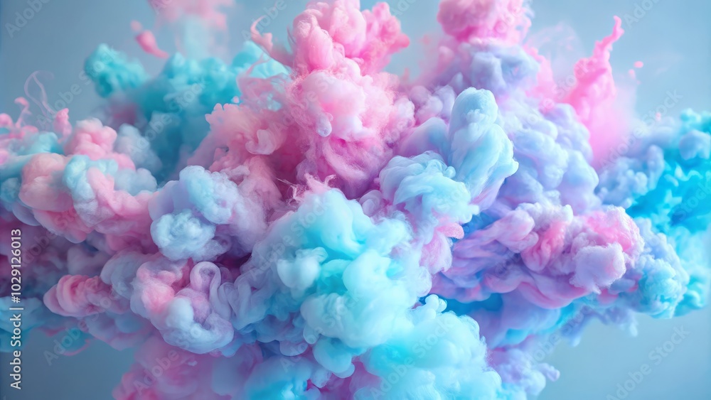 Fototapeta premium Vividly colored blobs of pink smoke create an eye-catching juxtaposition with the blue hue.