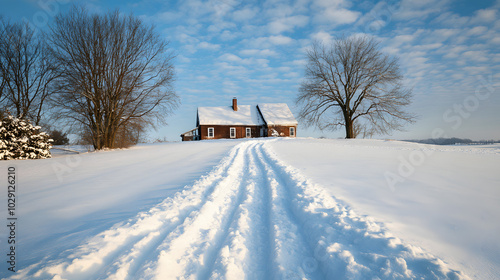 A farmhouse almost invisible beneath a heavy blanket of snow with a narrow path shoveled from the front door to the road. photo