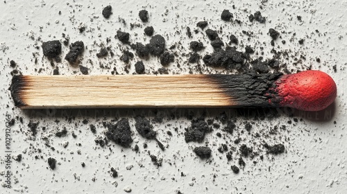 Glowing red tip on burnt matchstick, scattered ash on clean white background, metaphor for work-induced exhaustion and stress photo