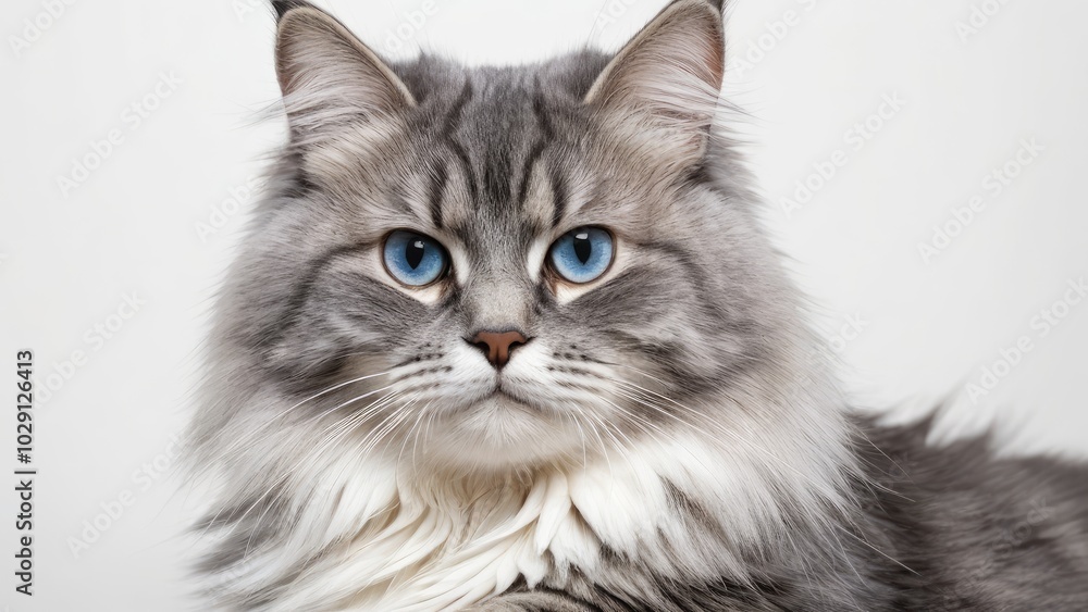 Portrait of Blue siberian cat on grey background Portrait of Blue siberian cat on grey background