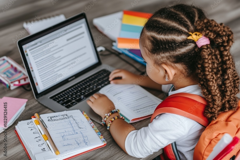 Rear top view of a young little girl is sitting at a desk with a laptop and a notebook doing her school homework Rear top view of a young little girl is sitting at a desk with a laptop and a notebook doing her school homework