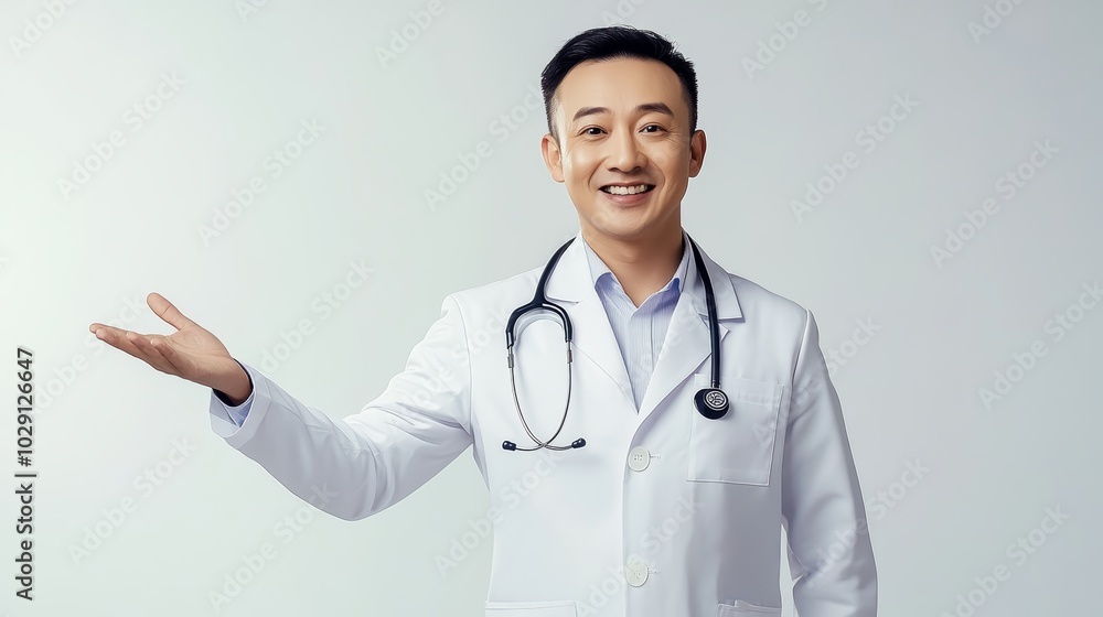 Smiling Asian male doctor in a white coat inviting with open hand gesture. Smiling Asian male doctor in a white coat inviting with open hand gesture.