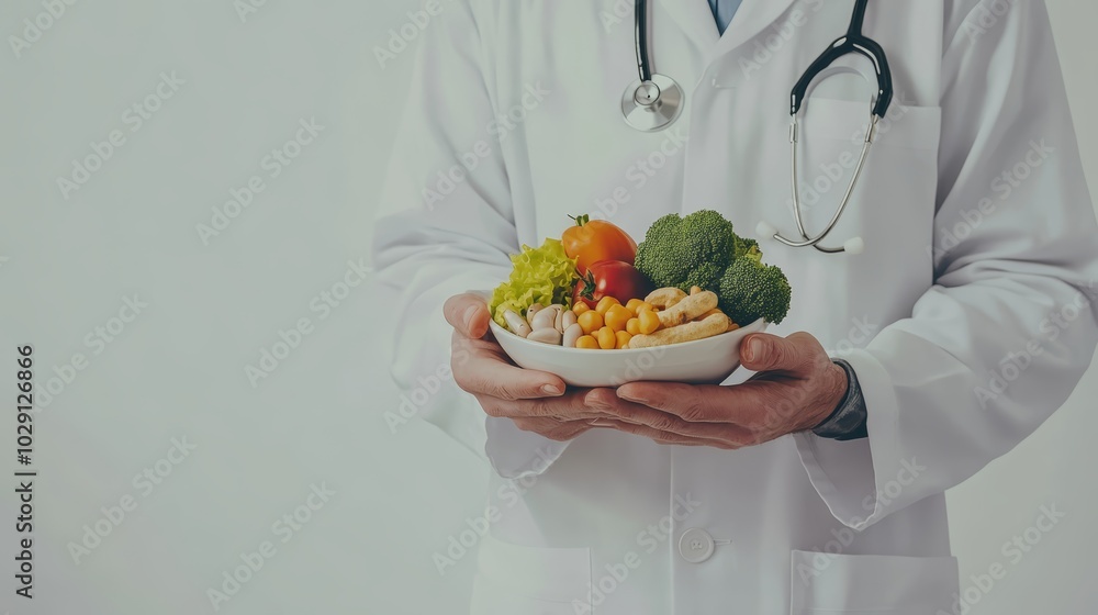 Male doctor holding a bowl of fresh vegetables and nuts promoting healthy eating. Male doctor holding a bowl of fresh vegetables and nuts promoting healthy eating.