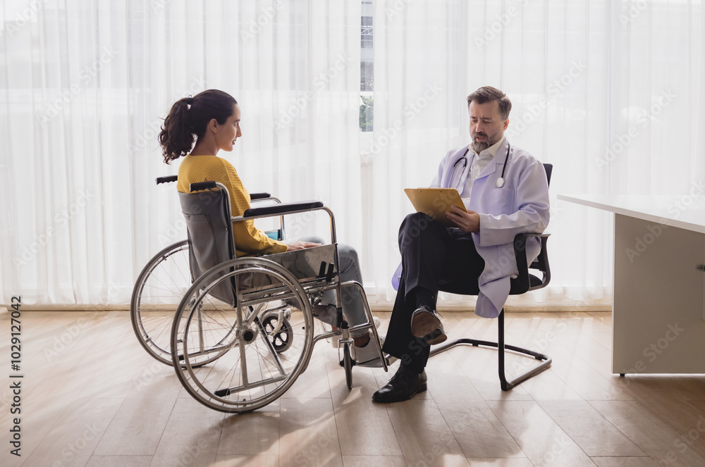 Health care latin woman sick sit wheelchair with man doctor caucasian two people check and treat patients talk help support explain medicine sick person in take care your health hospital clinic room. Health care latin woman sick sit wheelchair with man doctor caucasian two people check and treat patients talk help support explain medicine sick person in take care your health hospital clinic room.