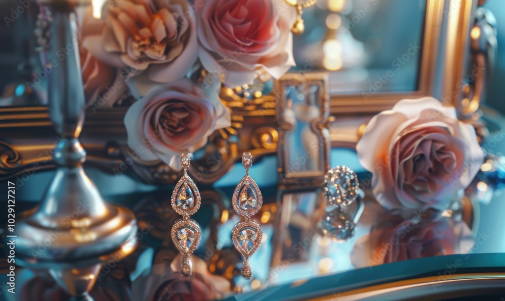 Naklejka premium Pair of earrings on the dressing table, 4K hyperrealistic photo