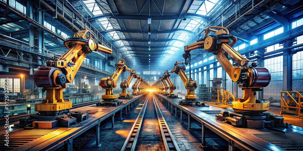 Obraz premium Surreal Robotic Arms in Automated Industrial Production - A Futuristic Vision of Factory Efficiency and Innovation