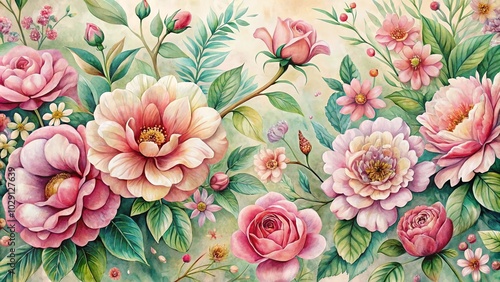 Retro Pink Watercolor Floral Panoramic Art for Home Decor and Design