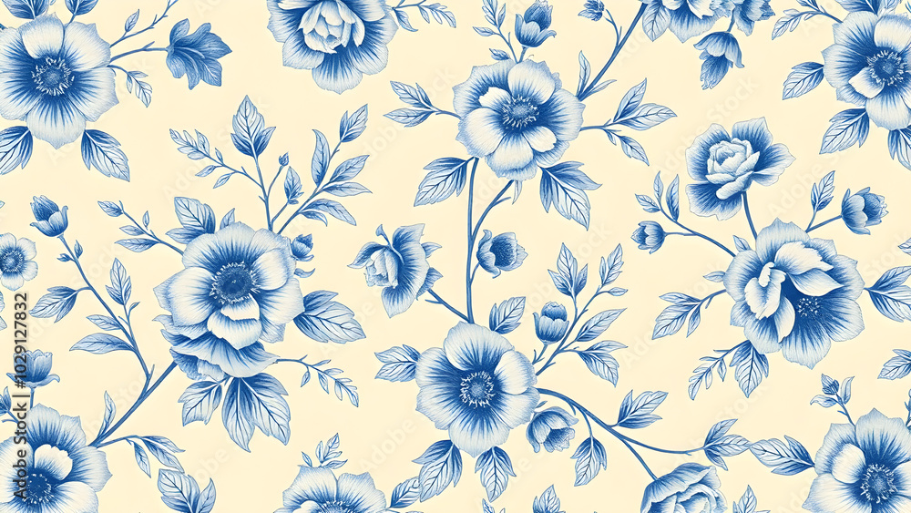 Blue and cream floral pattern with soft, shaded petals, Generative AI Blue and cream floral pattern with soft, shaded petals, Generative AI