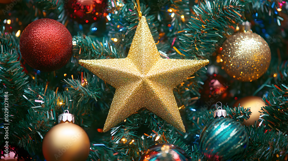 A golden star atop a Christmas tree surrounded by colorful ornaments and tinsel. A golden star atop a Christmas tree surrounded by colorful ornaments and tinsel.