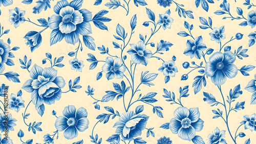 Classic blue floral design with intricate leaf and flower details, Generative AI