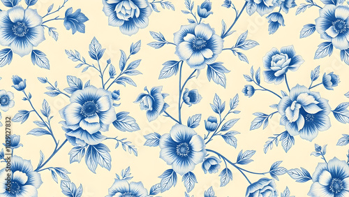 Blue and cream floral pattern with soft, shaded petals, Generative AI