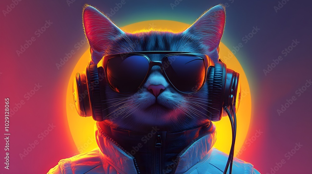 Close-up of a cat-headed character wearing sleek sunglasses and oversized headphones, dressed in a white jacket, vibrant blue and yellow gradient background, digital illustration, fantasy Close-up of a cat-headed character wearing sleek sunglasses and oversized headphones, dressed in a white jacket, vibrant blue and yellow gradient background, digital illustration, fantasy