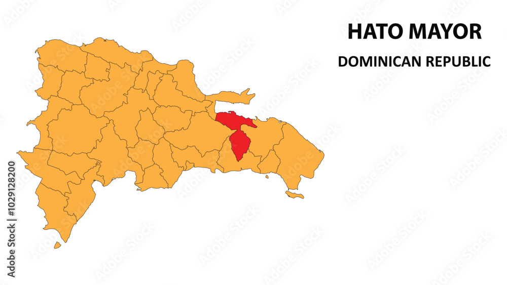 Obraz premium PrinHato Mayor Map is highlighted on the Dominican Republic map with detailed state and region outlines.