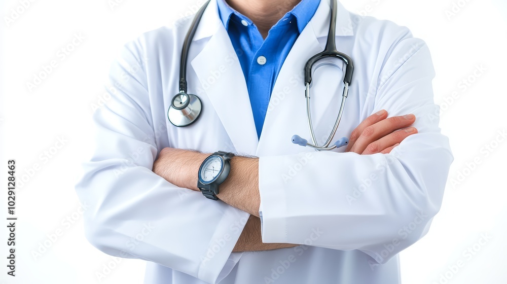 Male doctor in white coat with stethoscope crossed arms, healthcare professional portrait. Male doctor in white coat with stethoscope crossed arms, healthcare professional portrait.