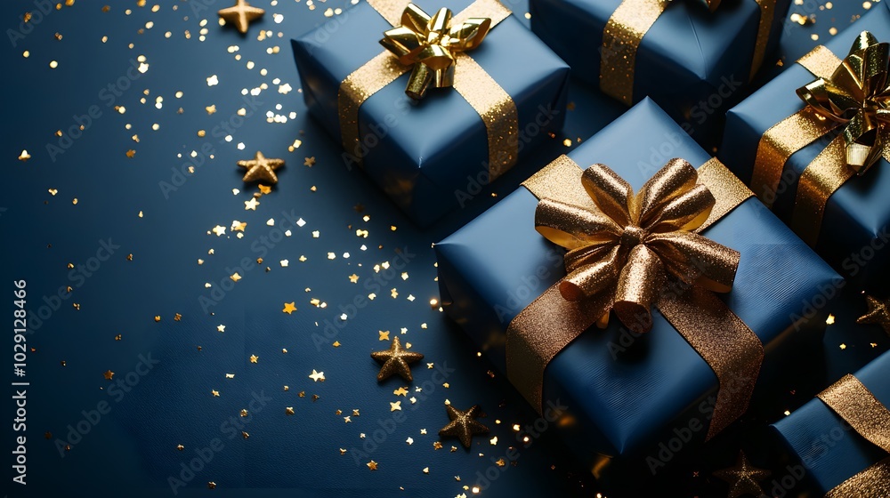 Side view of elegant blue gift boxes with golden ribbons and bows, placed on a deep blue background, shimmering golden stars scattered around Side view of elegant blue gift boxes with golden ribbons and bows, placed on a deep blue background, shimmering golden stars scattered around