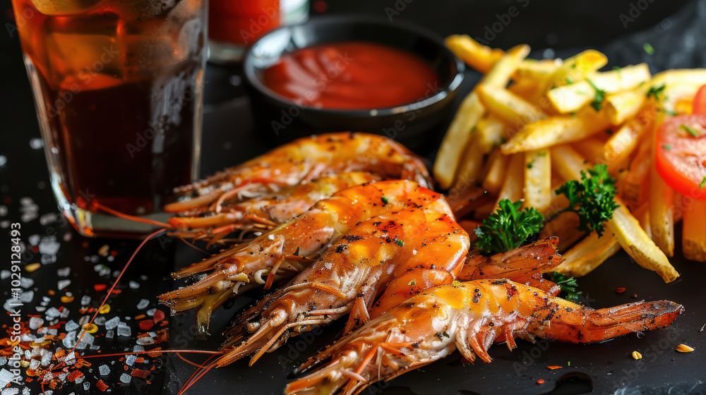 Delicious grilled shrimp served with crispy fries and tangy sauce, perfect for seafood lovers. Enjoy this mouthwatering dish with refreshing drink Delicious grilled shrimp served with crispy fries and tangy sauce, perfect for seafood lovers. Enjoy this mouthwatering dish with refreshing drink