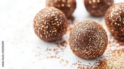 Chocolate truffles dusted with edible glitter, perfect for New Year celebrations, isolated on white background