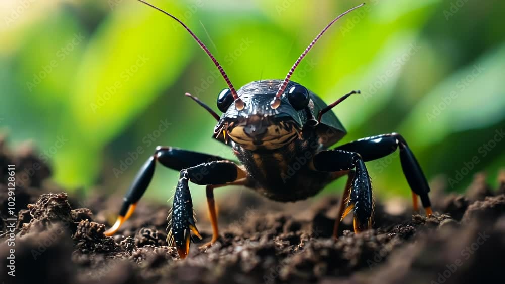 A close-up of a dark insect with prominent antennae against a blurred green background. A close-up of a dark insect with prominent antennae against a blurred green background.