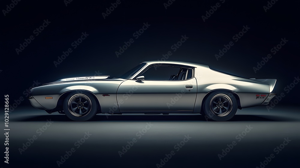 Naklejka premium Silver car displayed in profile with bold text and contrasting colors referencing the aesthetics of 70s muscle cars
