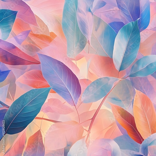 A vibrant abstract pattern of colorful leaves with a soft gradient background.