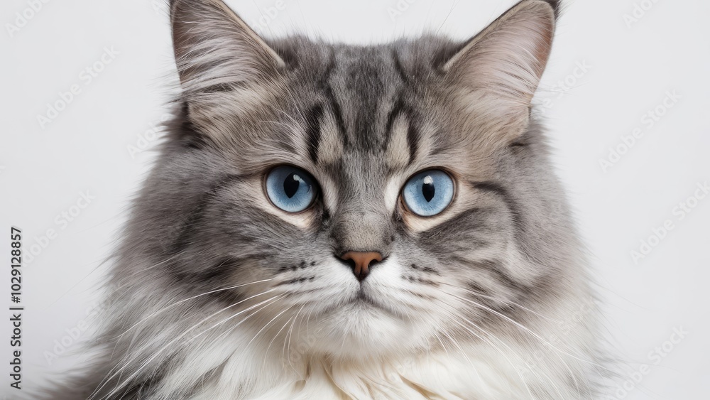 Portrait of Blue siberian cat on grey background Portrait of Blue siberian cat on grey background