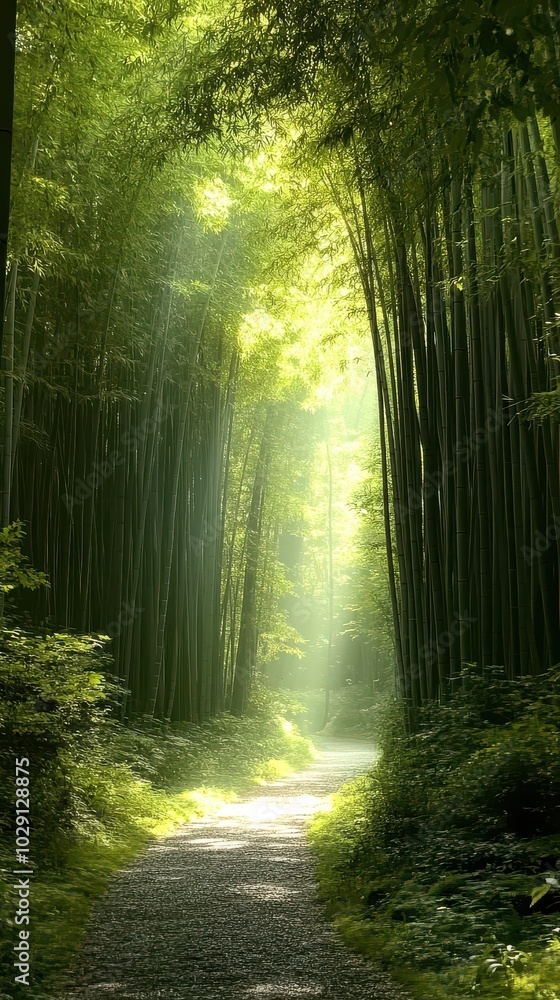 Obraz premium Serene Bamboo Forest Pathway Illuminated by Sunlight Beams Creating a Tranquil Green Escape for Nature Enthusiasts