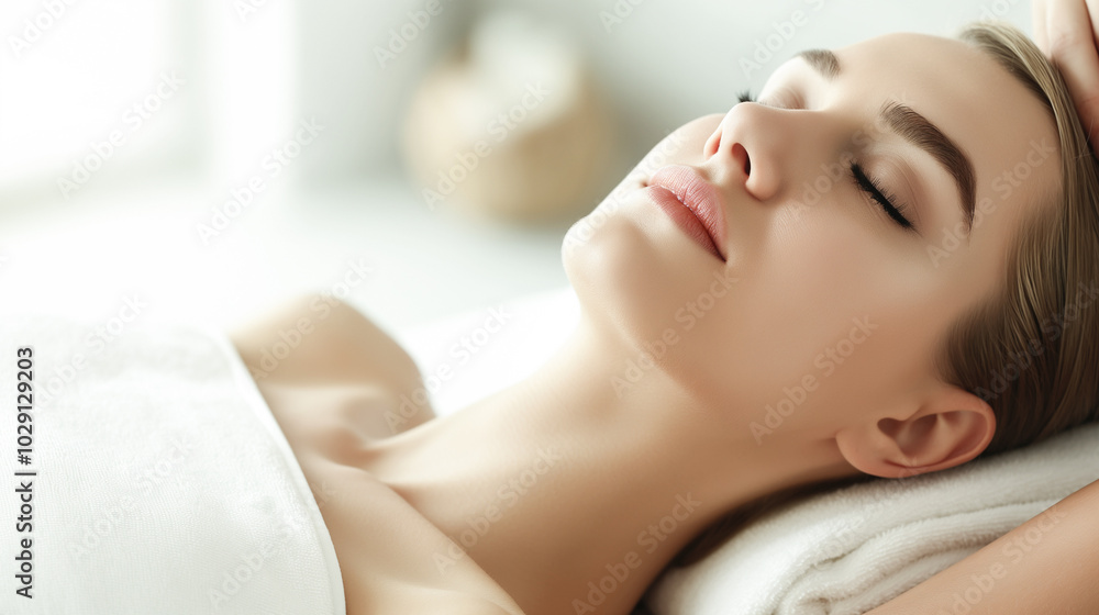 Caucasian Young blood woman face with flawless skin relaxing with eyes closed, enjoying a peaceful spa treatment. Caucasian Young blood woman face with flawless skin relaxing with eyes closed, enjoying a peaceful spa treatment.