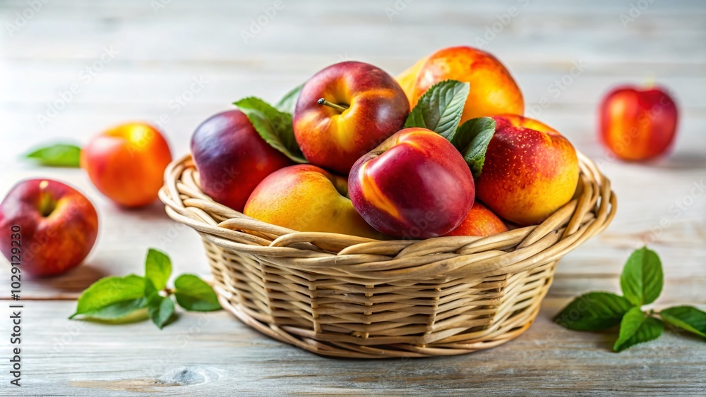 Ripe Nectarines in Wicker Basket - Fresh Fruit Still Life Photography for Kitchen Decor Ripe Nectarines in Wicker Basket - Fresh Fruit Still Life Photography for Kitchen Decor