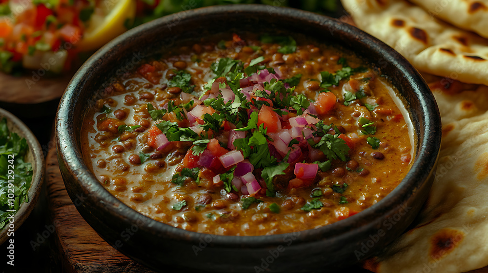 Lentil Dal: A hearty yellow dal made from split red lentils simmered with onions, tomatoes, and spices.Topped with a drizzle of ghee and chopped cilantro, served in a rustic bowl alongside fluffy naan Lentil Dal: A hearty yellow dal made from split red lentils simmered with onions, tomatoes, and spices.Topped with a drizzle of ghee and chopped cilantro, served in a rustic bowl alongside fluffy naan