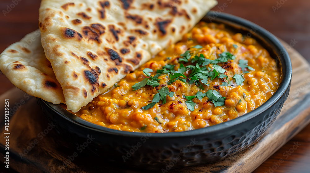 Lentil Dal: A hearty yellow dal made from split red lentils simmered with onions, tomatoes, and spices.Topped with a drizzle of ghee and chopped cilantro, served in a rustic bowl alongside fluffy naan Lentil Dal: A hearty yellow dal made from split red lentils simmered with onions, tomatoes, and spices.Topped with a drizzle of ghee and chopped cilantro, served in a rustic bowl alongside fluffy naan