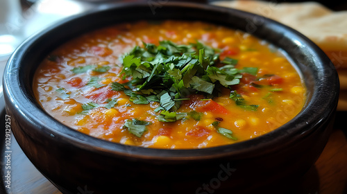 Lentil Dal: A hearty yellow dal made from split red lentils simmered with onions, tomatoes, and spices.Topped with a drizzle of ghee and chopped cilantro, served in a rustic bowl alongside fluffy naan