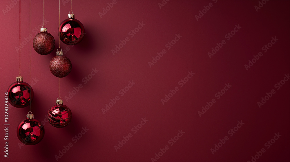 Burgundy christmas background with wine red colored christmas decorations on fir branches with red berries on rich burgundy background with copy space Burgundy christmas background with wine red colored christmas decorations on fir branches with red berries on rich burgundy background with copy space