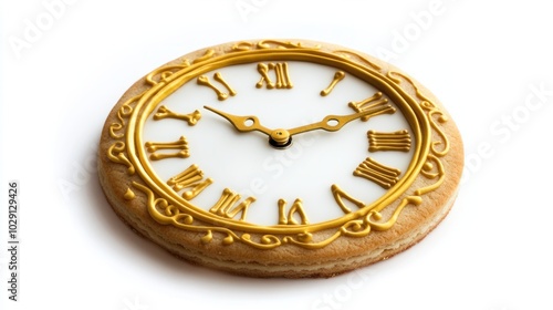 Clock-shaped sugar cookies with gold icing details, striking midnight, isolated on white background