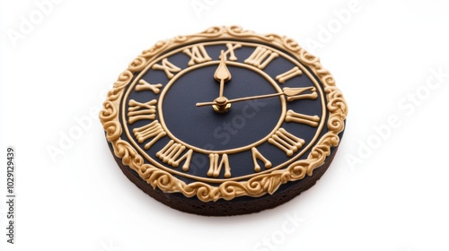 Clock-shaped sugar cookies with gold icing details, striking midnight, isolated on white background