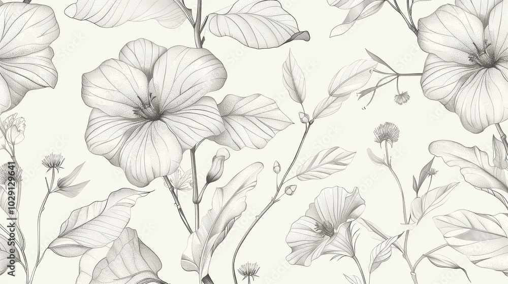 Elegant botanical line art featuring delicate leaves and flowers in black and white, creating a calming and refined wallpaper design for any space. Elegant botanical line art featuring delicate leaves and flowers in black and white, creating a calming and refined wallpaper design for any space.