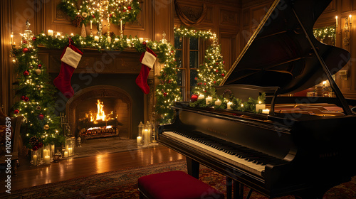 A grand piano in a luxurious living room decorated with garlands candles and stockings with a roaring fireplace in the background.