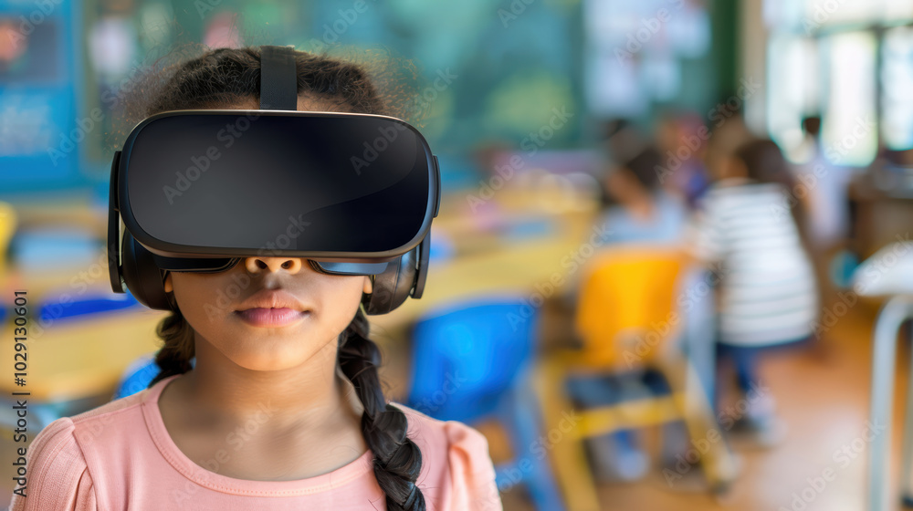 young girl wearing virtual reality goggles in classroom setting, showcasing integration of technology in education. Her focused expression highlights immersive experience of VR young girl wearing virtual reality goggles in classroom setting, showcasing integration of technology in education. Her focused expression highlights immersive experience of VR