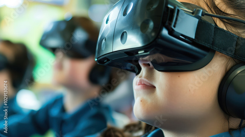 Immersed in virtual world, children experience excitement of technology through VR headsets, showcasing future of interactive learning and entertainment