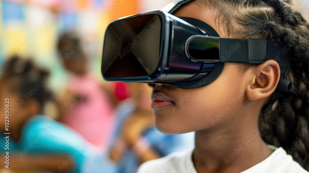 Immersed in virtual world, young girl experiences excitement of technology through VR headset in classroom setting. Her focus reflects curiosity and engagement Immersed in virtual world, young girl experiences excitement of technology through VR headset in classroom setting. Her focus reflects curiosity and engagement