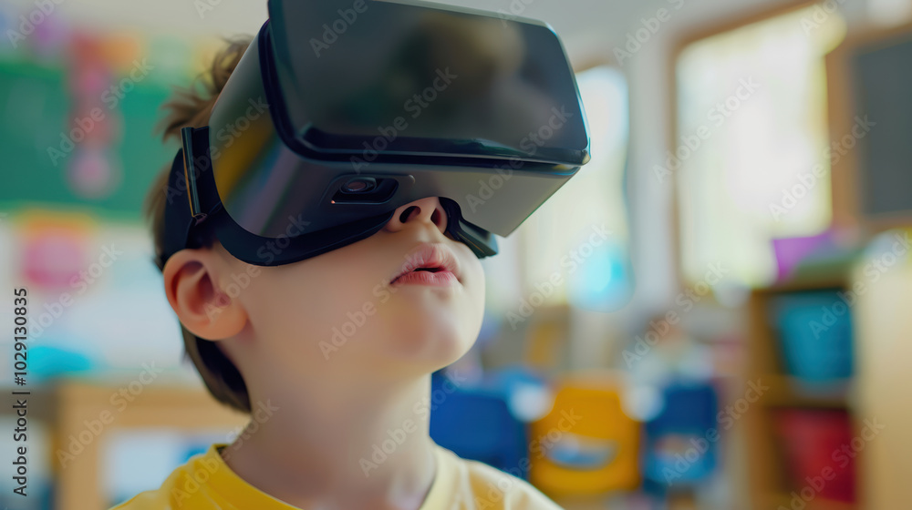 child wearing virtual reality goggles in classroom setting, immersed in digital experience. environment is bright and colorful, enhancing sense of wonder and curiosity child wearing virtual reality goggles in classroom setting, immersed in digital experience. environment is bright and colorful, enhancing sense of wonder and curiosity