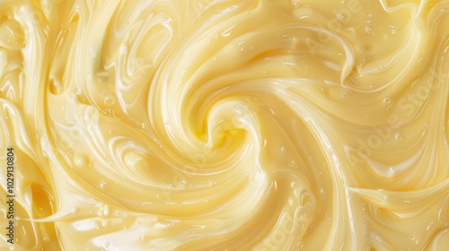 Banana yogurt swirl close up, fruit cream texture, top view background