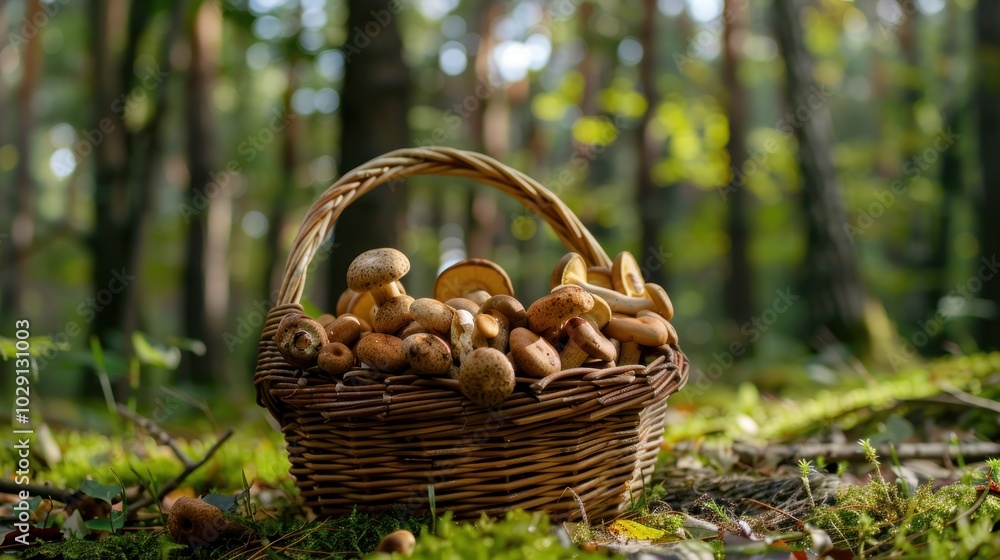 Basket with fresh porcini mushrooms in forest. Copy space. Basket with fresh porcini mushrooms in forest. Copy space.