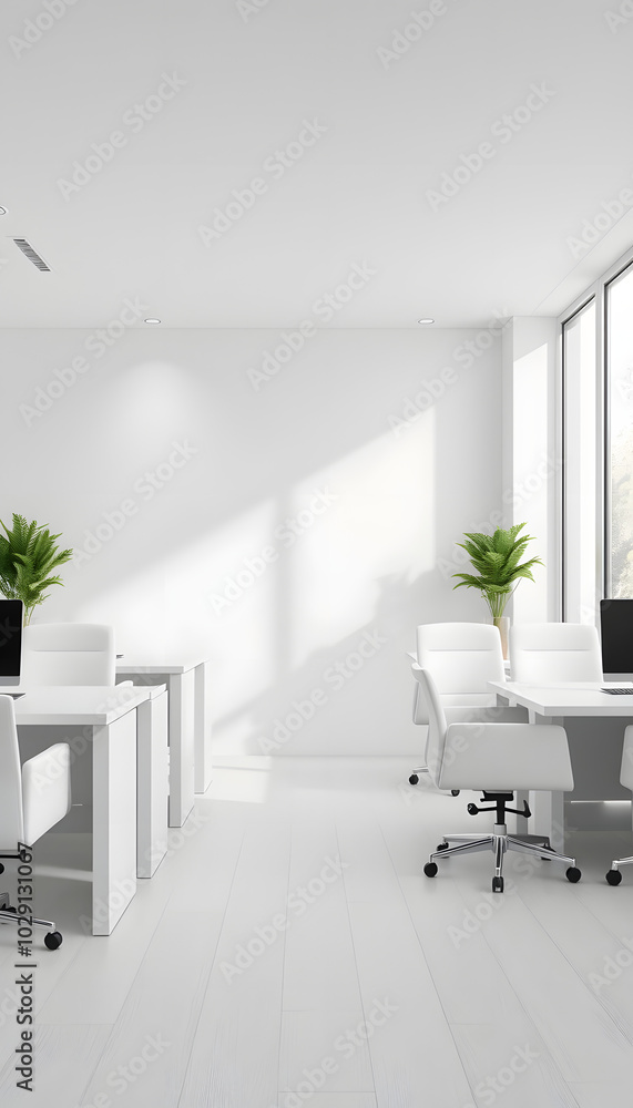 White business interior with desk and armchairs in row, window. Mockup wall isolated with white highlights, png White business interior with desk and armchairs in row, window. Mockup wall isolated with white highlights, png